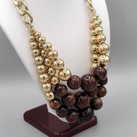 Erica Lyons Chunky Beaded Statement Necklace Gold Brown Beads Triple Strand - Picture 5 of 9